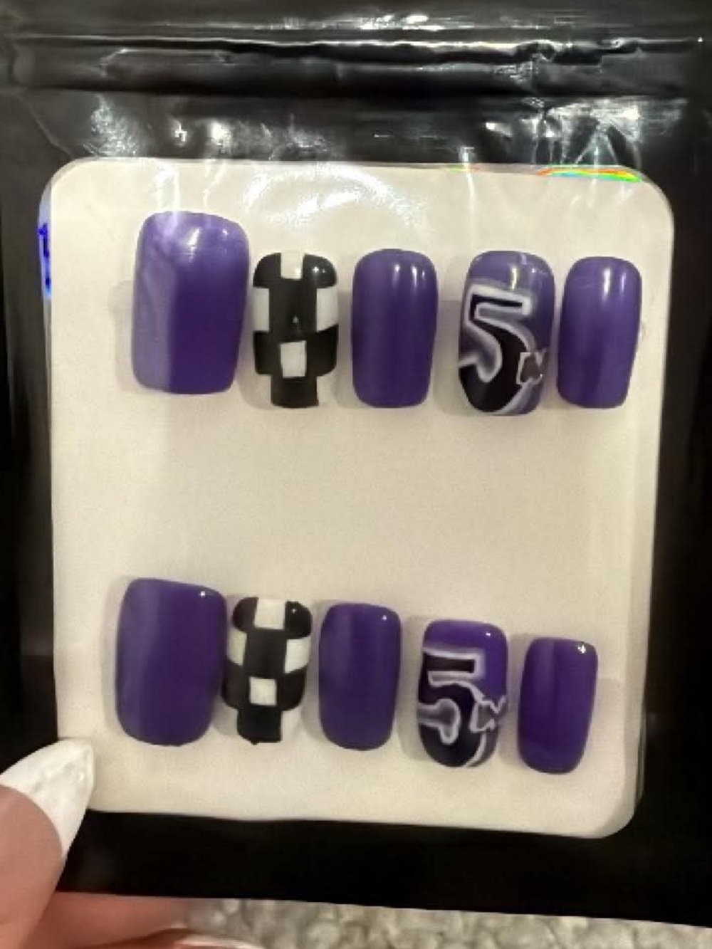 Purple Number 5 & Checkered Press-On Nail Set - Fashion Nail Art